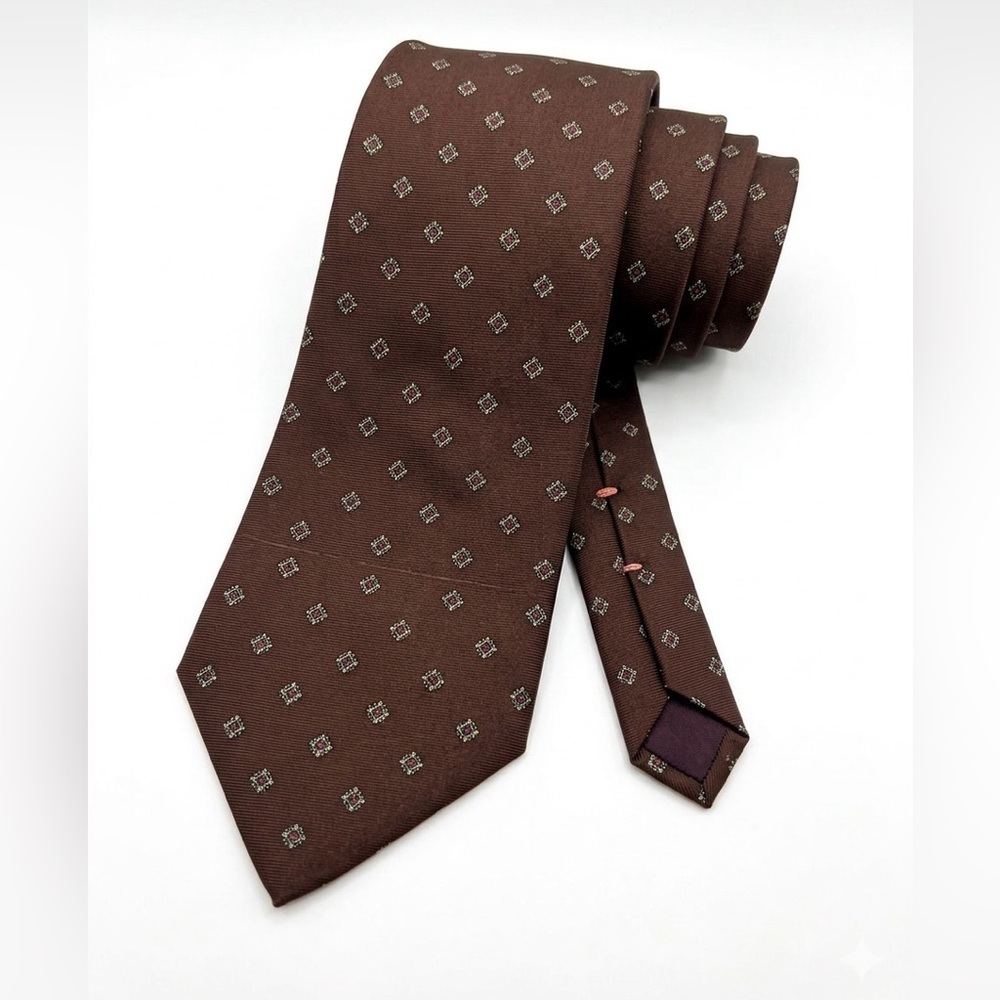 Tattersall Men's Necktie Brown Geometric Silk Tie
